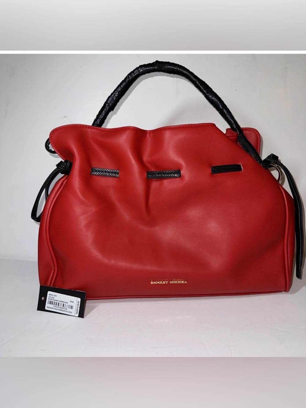 Badgley Mischka Red Drawstring Tote with Black Handle Accents